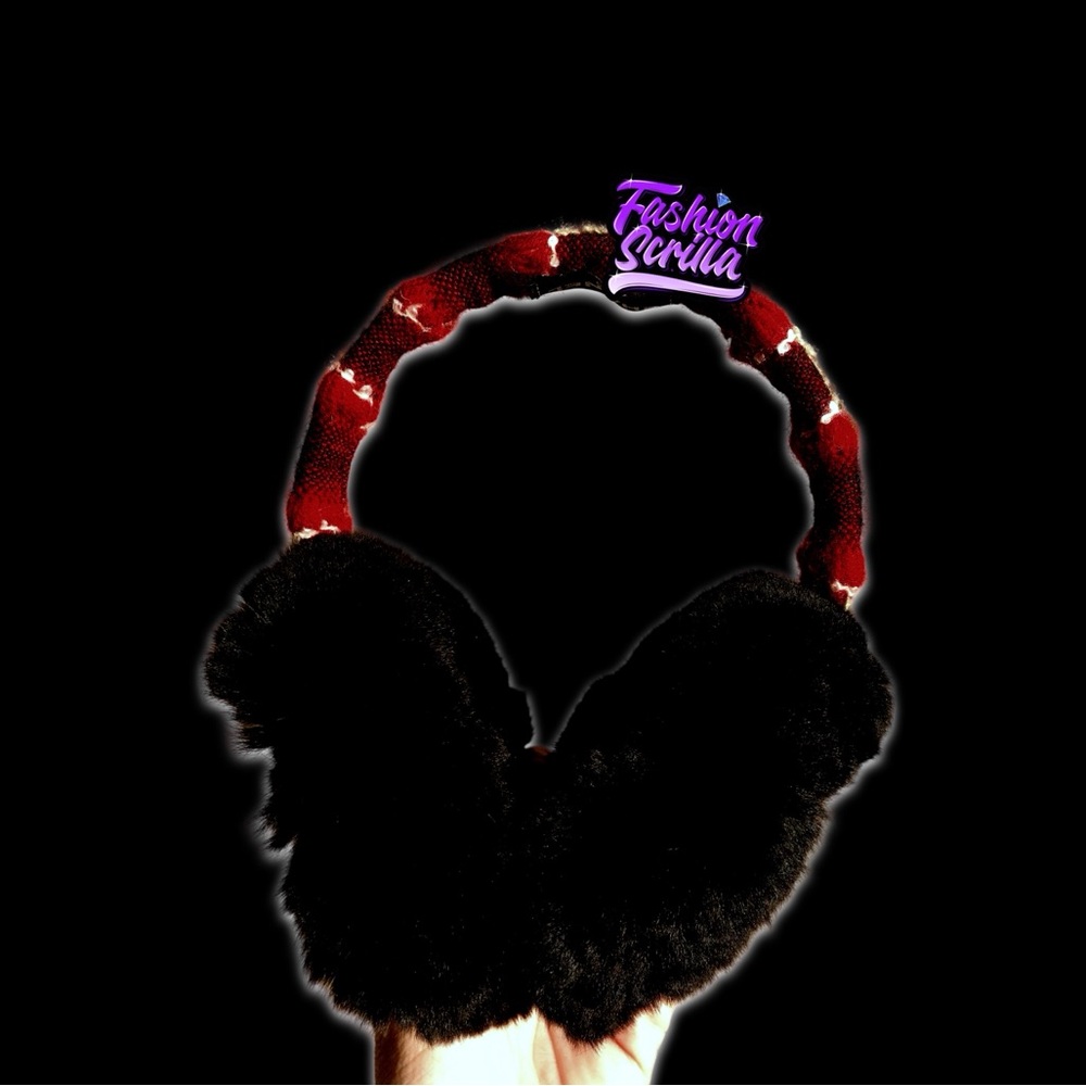 Vintage CHANEL Red and Black Orylag Rabbit Fur Earmuffs RedBlack - Picture 2 of 16